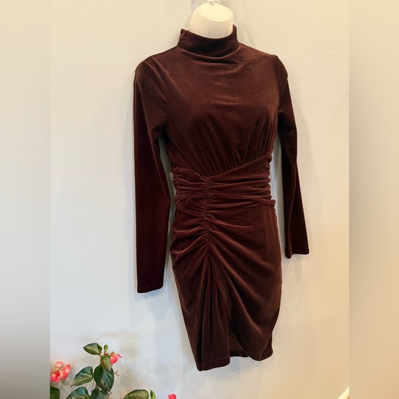 Express Velvet Ruched Mock Neck Mini Dress - XS - chocolate brown - Picture 3 of 11